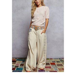 POL Contrast Lace Detail Double Gauze Woven Pants S-L
